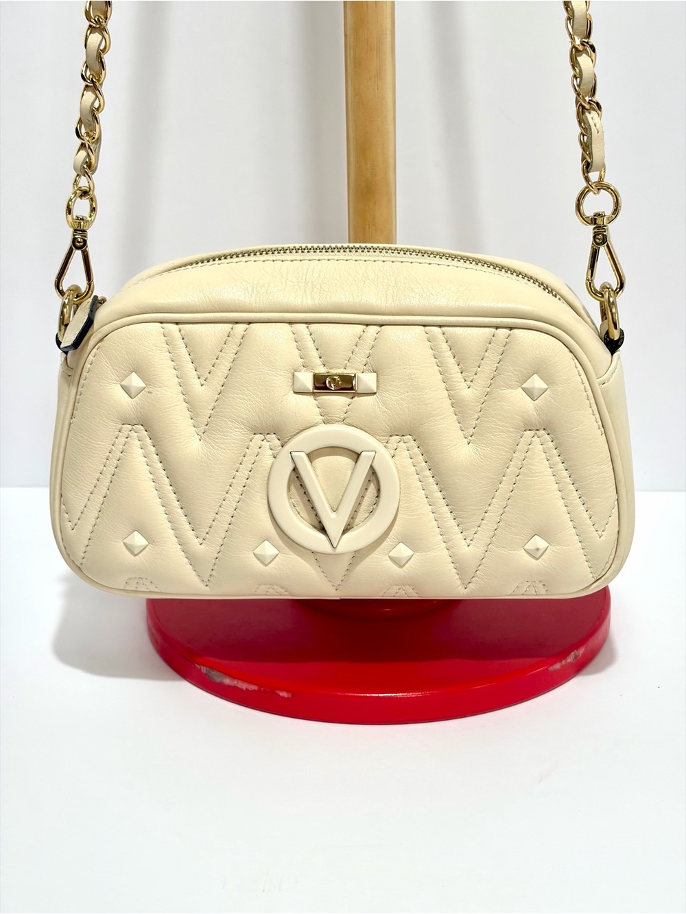 Mario Valentino Diana Diamond Leather Quilted V-Logo Chain Crossbody